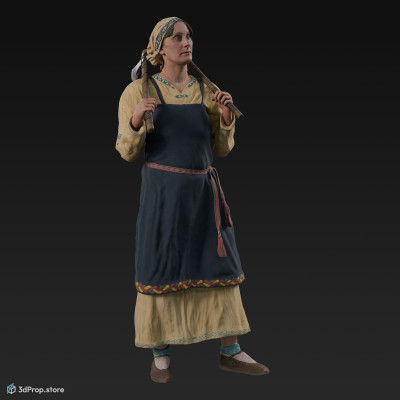 3D scan of a standing Scandinavian woman with two metal axes, from the 800s, Europe, wearing linen and wool clothing with metal jewellery.