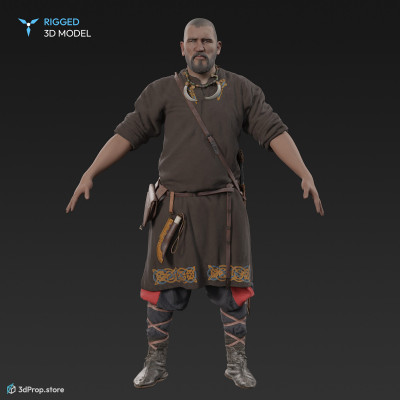 3D scan of a standing Scandinavian warrior man in an A posture, wearing linen, leather and wool clothing with a bag and with a dagger from 900, Europe.