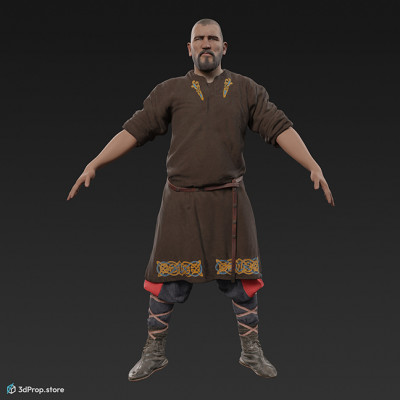 3D scan of a standing Scandinavian warrior man in an A posture, wearing linen, leather and wool clothing with bag from 900, Europe.