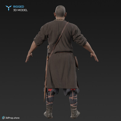 3D scan of a standing Scandinavian warrior man in an A posture, wearing linen, leather and wool clothing with a bag and with a dagger from 900, Europe.