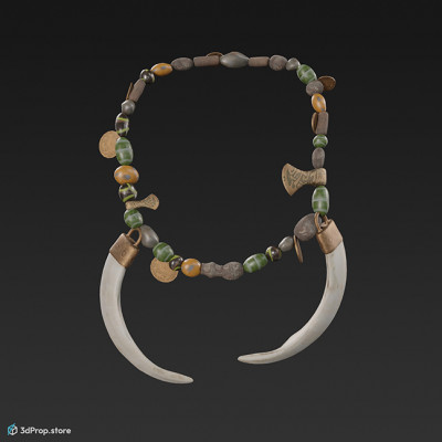 3d scanned Scandinavian ancient leather necklace with large fang pendants on both sides, from 900, Europe.