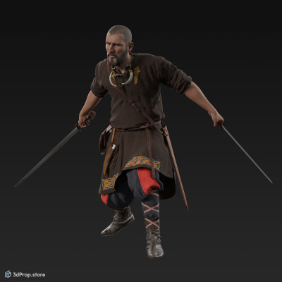 3D scan of an attacking Rus viking man, wearing linen, leather and wool clothing with bag from 900, Europe.