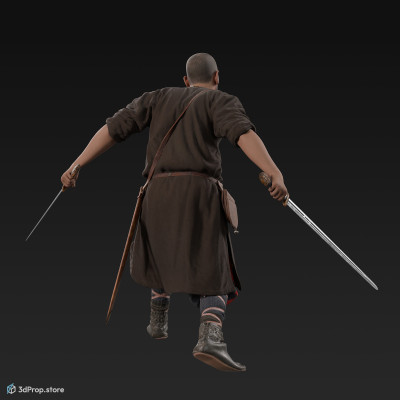 3D scan of an attacking Rus viking man, wearing linen, leather and wool clothing with bag from 900, Europe.