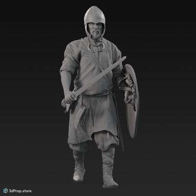 3D scan of a walking Scandinavian warrior man, wearing linen, leather and wool clothing with bag, and carrying a sword and a shield, from 900, Europe.