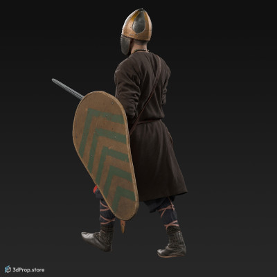 3D scan of a walking Scandinavian warrior man, wearing linen, leather and wool clothing with bag, and carrying a sword and a shield, from 900, Europe.