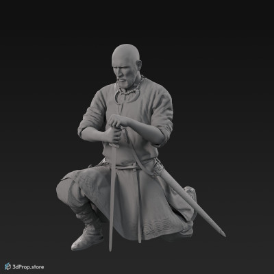 3D scan of a Scandinavian warrior man, down on one knee and holding a sword in front of him. He is wearing linen, leather and wool clothing with bag from 900, Europe.