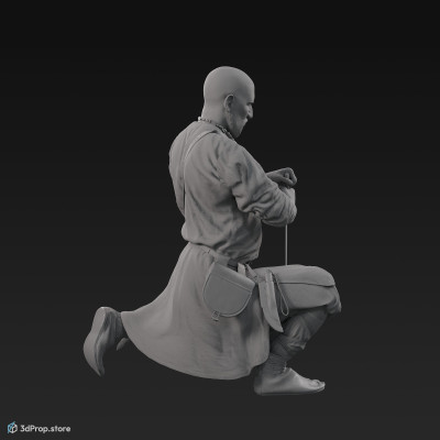 3D scan of a Scandinavian warrior man, down on one knee and holding a sword in front of him. He is wearing linen, leather and wool clothing with bag from 900, Europe.