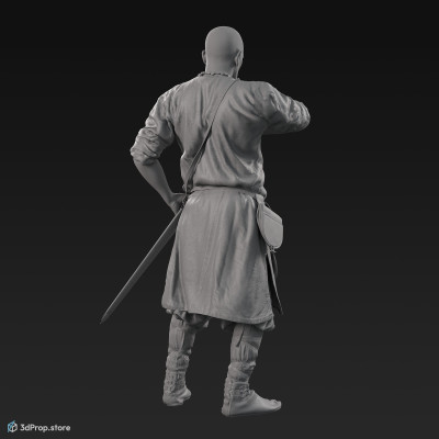 3D scan of a Rus viking , who is standing and drawing his sword from its sheath, while wearing linen, leather and wool clothing with bag from 900, Europe.