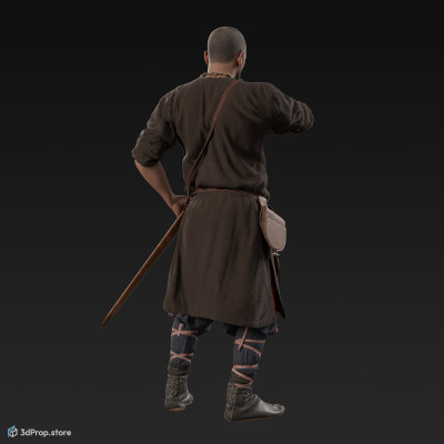 3D scan of a Rus viking , who is standing and drawing his sword from its sheath, while wearing linen, leather and wool clothing with bag from 900, Europe.