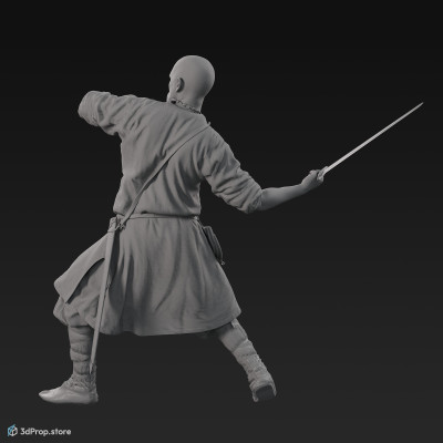 3D scan of a Rus viking soldier attacking with a sword, wearing linen, leather and wool clothing with bag from 900, Europe.