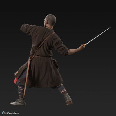 3D scan of a Rus viking soldier attacking with a sword, wearing linen, leather and wool clothing with bag from 900, Europe.