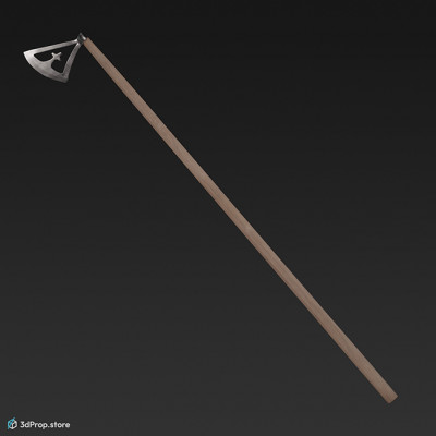 3d scan of a sharp, decorated axe with a long wooden handle, used in battles from 900, Europe.