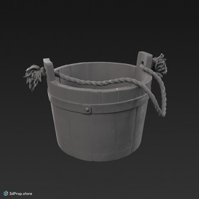 3d scan of a brown, heavily used wooden bucket with rusting metal bands, from 900, Europe.