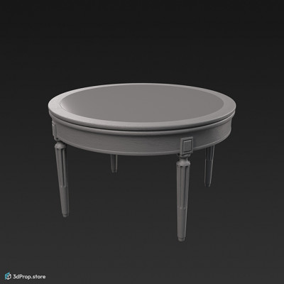 3D model of a white wooden round coffee table with transparent glass tabletop and with decorated legs, from 1900, Europe.