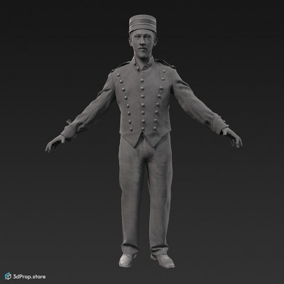 3D scan of a standing bellboy wearing a textile red uniform with gold buttons and black trousers, from 1900, Europe.