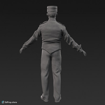 3D scan of a standing bellboy wearing a textile red uniform with gold buttons and black trousers, from 1900, Europe.