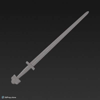 3d scan of an old normann metal sword with black leather covered grip and with chipped edges from 900, Europe.