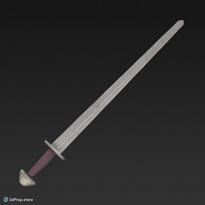 3d scan of an old normann metal sword with black leather covered grip and with chipped edges from 900, Europe.
