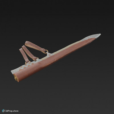 3d scan of a dagger, its brown leather sheath and the leather dagger holder belt, from 900, Europe.