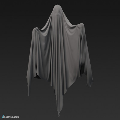 3D model of a white sheet-like floating ghost with black eyes.