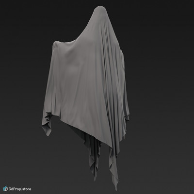 3D model of a white sheet-like floating ghost with black eyes.
