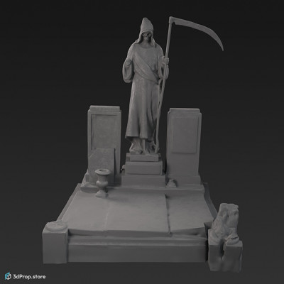 3D model of a statue of a reaper standing between two tombstones on a raised pedestal.