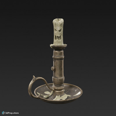 3D model of a half-burned candle in a candleholder, with a scary, screaming face outlined in the side of the candle from the dripped wax.