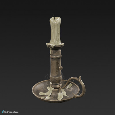 3D model of a half-burned candle in a candleholder with wax dripping down the side.