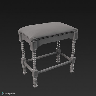 3D model of a piano stool with a padded seat covered with a green patterned textile and a black wooden frame with decorated legs.