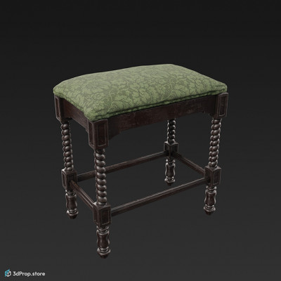 3D model of a piano stool with a padded seat covered with a green patterned textile and a black wooden frame with decorated legs.