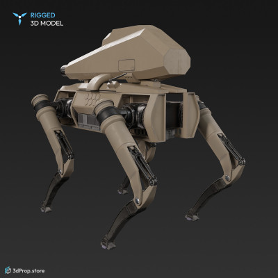 3D model of a sand-coloured weaponized quadruped robot also called robotic dog with four limbs capable of fine motor movements, with a camera on its head and a weapon on its back, from 2017, USA.