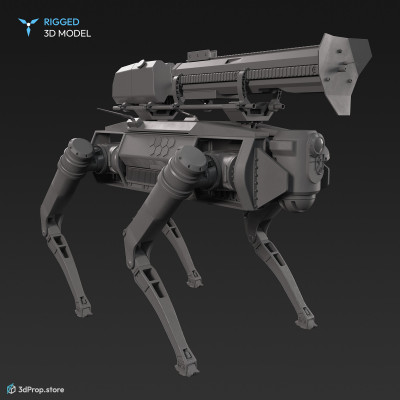 3D model of a greyish-coloured weaponized quadruped robot also called robotic dog with four limbs capable of fine motor movements, with a camera on its head and a flamethrower on its back, from 2017, USA.