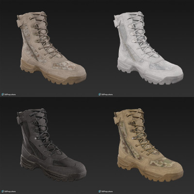 3D scan of a military boot with four different camouflage patterns., rubber sole, and leather upper from 2020, USA.