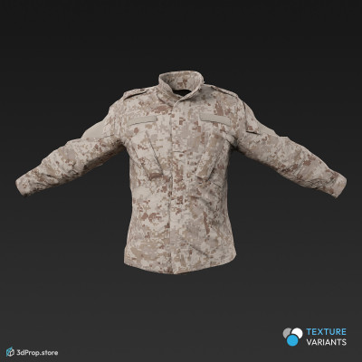 3D scan of a military jacket with 4 different camouflage pattern variations, long sleeves and a high neckline, as well as plenty of hidden pockets for storing gears, from 2020, USA.