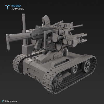 3D model of a weaponized robot, with desert camouflage, caterpillar-chains and with a stable upper part with cameras for more accurate aiming and to help you locate the target, from 2018, USA.