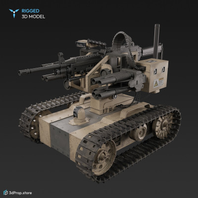 3D model of a weaponized robot, with desert camouflage, caterpillar-chains and with a stable upper part with cameras for more accurate aiming and to help you locate the target, from 2018, USA.