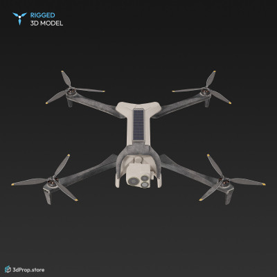 3D model of a quadrocopter drone with white-coloured outer frame, with cameras on the front to reconnaissance and it also has four black propellers, from 2010, USA.