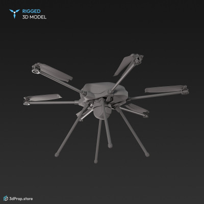 3D model of a hexacopter drone with white-coloured outer frame, with camera on the bottom to reconnaissance and it also has four elongated black legs when it needs to land, from 2010, USA.