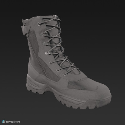 3D scan of a military boot with four different camouflage patterns., rubber sole, and leather upper from 2020, USA.