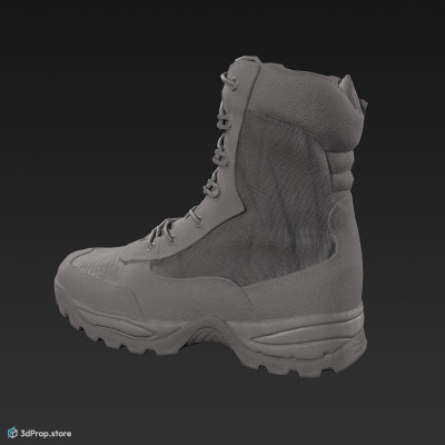3D scan of a military boot with camouflage pattern, rubber sole, and leather upper from 2020, USA.