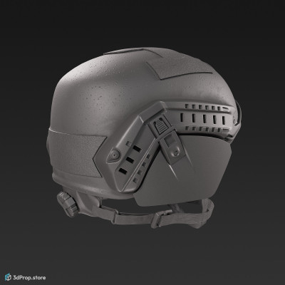 3D scan of a brownish green modern military helmet made of Kevlar, with adjustable strap for a tight fit on the head, from 2020, USA.