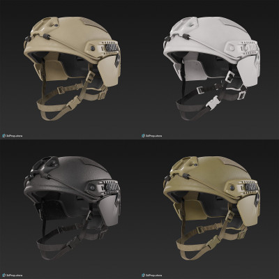 3D scan of a military helmet in different color variations, made of Kevlar, with adjustable strap for a tight fit on the head, from 2020, USA.