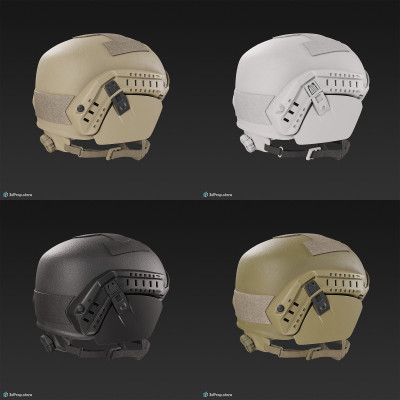 3D scan of a military helmet in different color variations, made of Kevlar, with adjustable strap for a tight fit on the head, from 2020, USA.