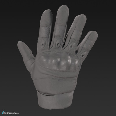 3D scan of a brown and green combat glove, made of Kevlar and other reinforced synthetic materials, which prolongs the life of the glove, from 2020, USA.