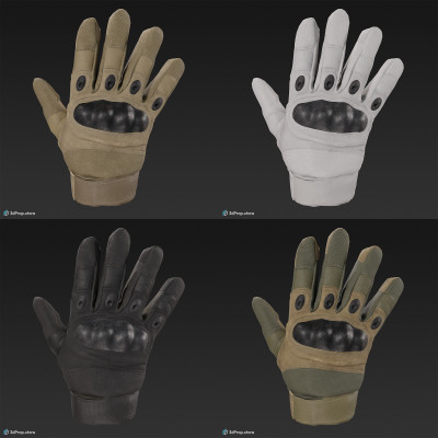 3D scan of a combat gloves in different color variations, made of Kevlar and other reinforced synthetic materials, which prolongs the life of the glove, from 2020, USA.