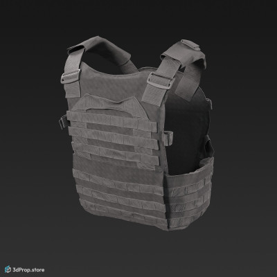3D scan of a camouflage military tactical vest made of nylon, polyester, and Kevlar materials, featuring adjustable straps, pockets, and fasteners, as well as built-in armored panels for protection against gunfire, from 2020, USA.