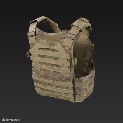 3D scan of a camouflage military tactical vest made of nylon, polyester, and Kevlar materials, featuring adjustable straps, pockets, and fasteners, as well as built-in armored panels for protection against gunfire, from 2020, USA.