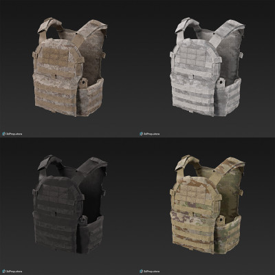 3D scan of a camouflage military tactical vest made of nylon, polyester, and Kevlar materials, featuring adjustable straps, pockets, and fasteners, as well as built-in armored panels for protection against gunfire, from 2020, USA.