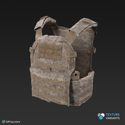 3D scan of a camouflage military tactical vest made of nylon, polyester, and Kevlar materials, featuring adjustable straps, pockets, and fasteners, as well as built-in armored panels for protection against gunfire, from 2020, USA.