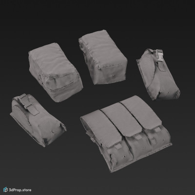 3D scan of tactical modular pouches in four different camouflage textures, alias MOLLE bags (Modular Lightweight Load carrying equipment).